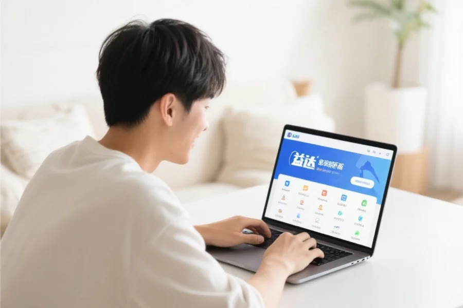 一位年轻用户在明亮舒适的室内环境中愉快地使用笔记本电脑，屏幕上展示恒盛客户端新版界面